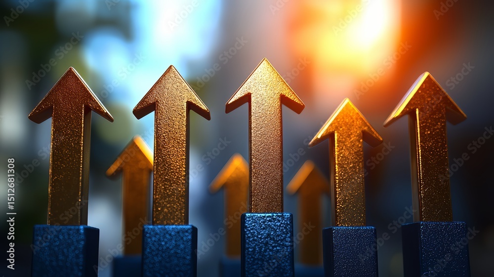 Aufkleber Row of arrows pointing upwards with one arrow pointing downwards. The arrows are made of metal and are placed on top of blue and black pillars. Scene is one of hope and optimism