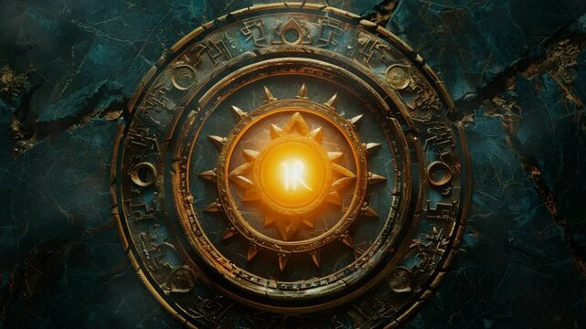 A circular glowing symbol with the letters R o t S in the center, in the style of dark gold and dark azure, enigmatic characters, murals and wall drawings, Generative AI Videos.