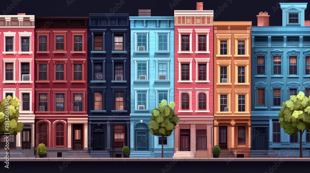Aufkleber Row of colorful apartment buildings with a tree in the foreground. The buildings are painted in different colors, and the street is lined with trees. The scene gives off a feeling of a lively