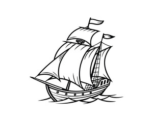 Black and White Illustration of a Classic Sailing Ship at Sea