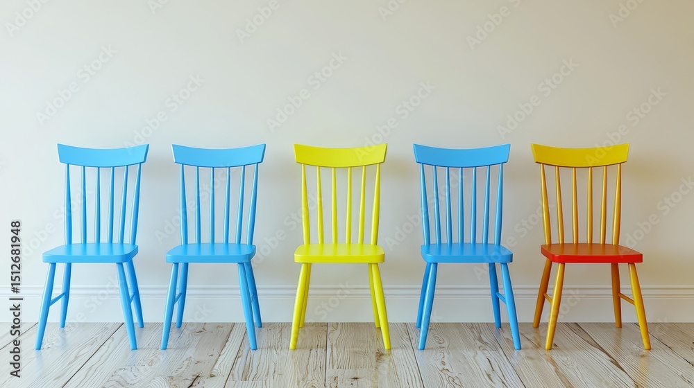 Aufkleber row of four blue and yellow chairs are lined up against a white wall. the chairs are all different s