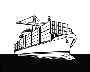 Obraz premium Large Container Ship at Sea Black and White Illustration
