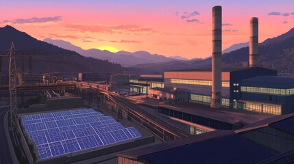 Naklejka premium The image of solar panels reflecting sunset light in a mountainous setting conveys the idea of harnessing clean energy