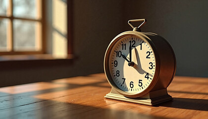 Vintage alarm clock resting on a wooden table, showcasing the passage of time in a sunlit room