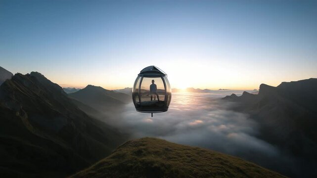 Futuristic Glass Pod Floating Over Mountains at Sunrise, Serene High-Altitude Travel Experience Above the Clouds