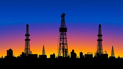 Obraz premium At sunset, the silhouetted forms of oil derricks evoke an abstract industrial landscape characterized by dark and fiery tones