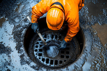 manhole cover inspection and sewer line cleaning with hydro jetting by service worker