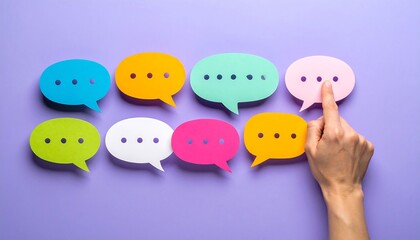 Colorful speech bubbles, hand pointing