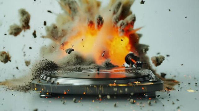 A vintage record turntable is blown to pieces by an atomic explosion, white background, Generative AI Videos.