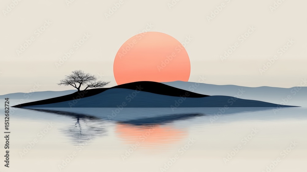 Aufkleber serene landscape with a tree and a large sun in the sky. the sun is setting, casting a warm glow ove