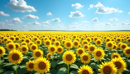 Obraz premium Sunflower Field Under Blue Sky with Fluffy White Clouds