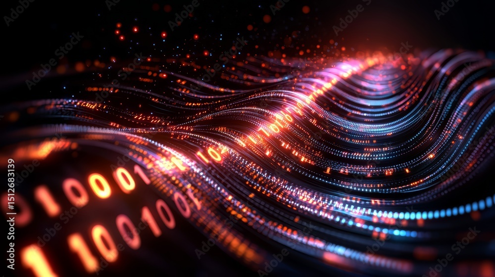 Leinwandbilder Series of glowing numbers and dots that form a wave. Concept of movement and energy, as if the numbers are dancing or pulsing. The bright colors and patterns create a dynamic