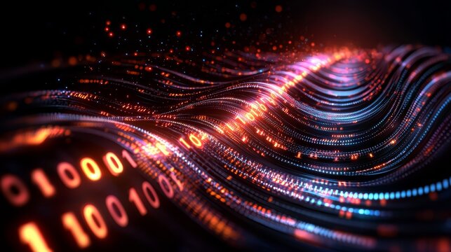 Series of glowing numbers and dots that form a wave. Concept of movement and energy, as if the numbers are dancing or pulsing. The bright colors and patterns create a dynamic - Powered by Adobe