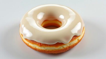 Glossy white chocolate glazed donut with soft texture on plain background, delicious sweet treat with shiny icing and golden brown base