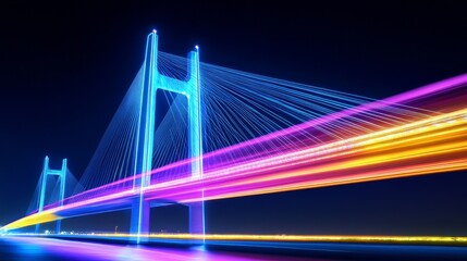 The city skyline is visible at night with a bridge and light trails