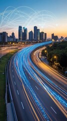 The city at night is characterized by its glowing connections, illuminated roadways, and sleek modern architecture
