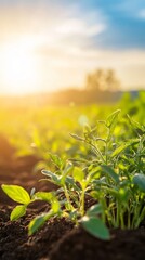 Young green plants thrive in dark soil as a vibrant field extends to the horizon at sunset