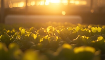 In a modern greenhouse, lush green plants grow in rows and thrive as sunset approaches