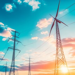 Wind turbines and electricity pylons set against a sunset backdrop represent clean energy, alternative energy sources, and sustainable development within the landscape