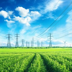The landscape features wind turbines and electricity pylons at sunset, highlighting clean energy and sustainable development through alternative energy sources