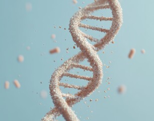 A warm glow illuminates a detailed 3D representation of a DNA double helix molecule, complete with attached molecules, against a somber dark blue background