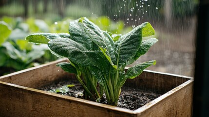 A close-up view of a vibrant green seedling being watered reveals water droplets clinging to its leaves