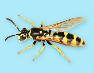 The image features a wasp on a leaf, capturing its body and face in fine detail, set against a dark teal colored backdrop