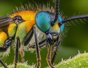 The image is a close-up of a wasp featuring yellow and black stripes, resting on green foliage against a dark backdrop