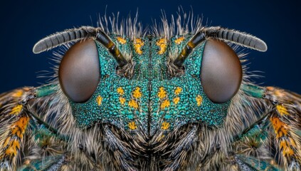 A close-up view of a wasp displaying yellow and black stripes is set against a darkly colored environment