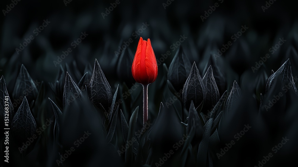 Poster single red flower is the only thing in a field of black plants. the flower stands out against the da