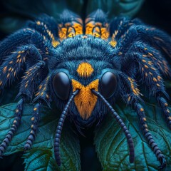 Perched on green foliage, a wasp with yellow and black stripes is captured in a close-up view against a dark background