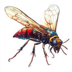 The image is a close-up shot of a wasp featuring yellow and black stripes set against a white background