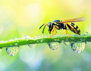 A close-up view of a wasp perched on a leaf with dew droplets, displaying its distinctive vibrant yellow and black stripes, set against a blurred sunny background