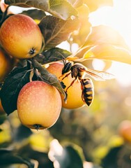 On a tree branch, a yellow jacket wasp was feeding on a small apple that was red in color