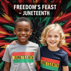 A heartwarming image celebrating Juneteenth, featuring two smiling children, one with dark skin and the other with fair skin