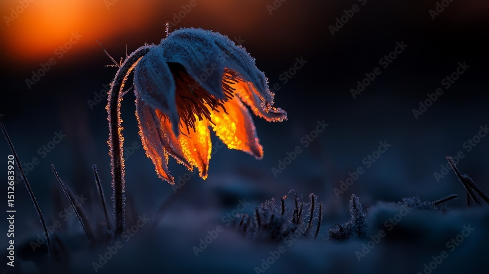 Poster small flower with a frosty appearance is lit up by the sun. concept of warmth and beauty in the mids