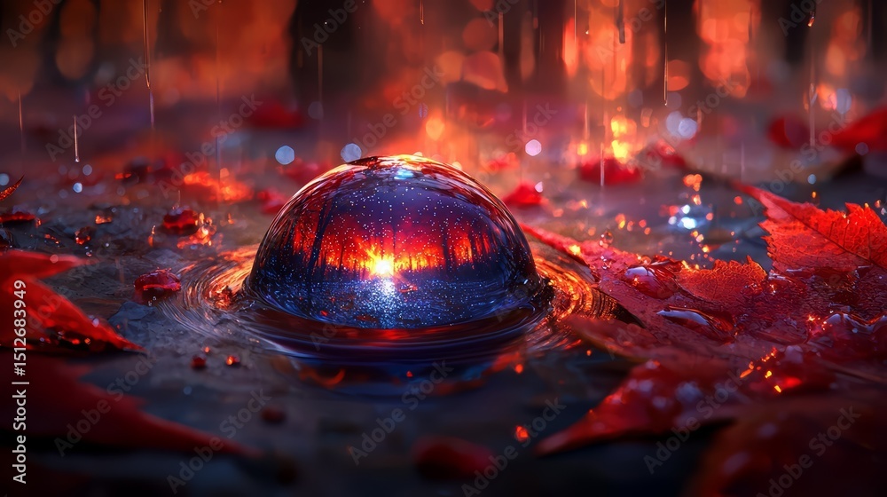 Aufkleber small blue sphere is floating in a puddle of water. the water is red and the sphere is reflecting th