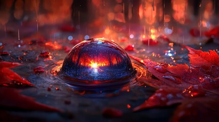Small blue sphere is floating in a puddle of water. The water is red and the sphere is reflecting the light from the sun. The scene has a dreamy, ethereal quality to it