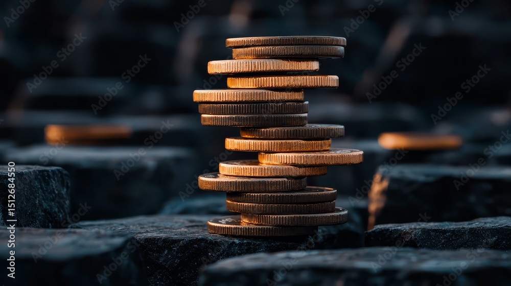 Poster Stack of coins on a rock. The coins are of different sizes and colors. Concept of value and importance, as the coins are stacked on top of each other