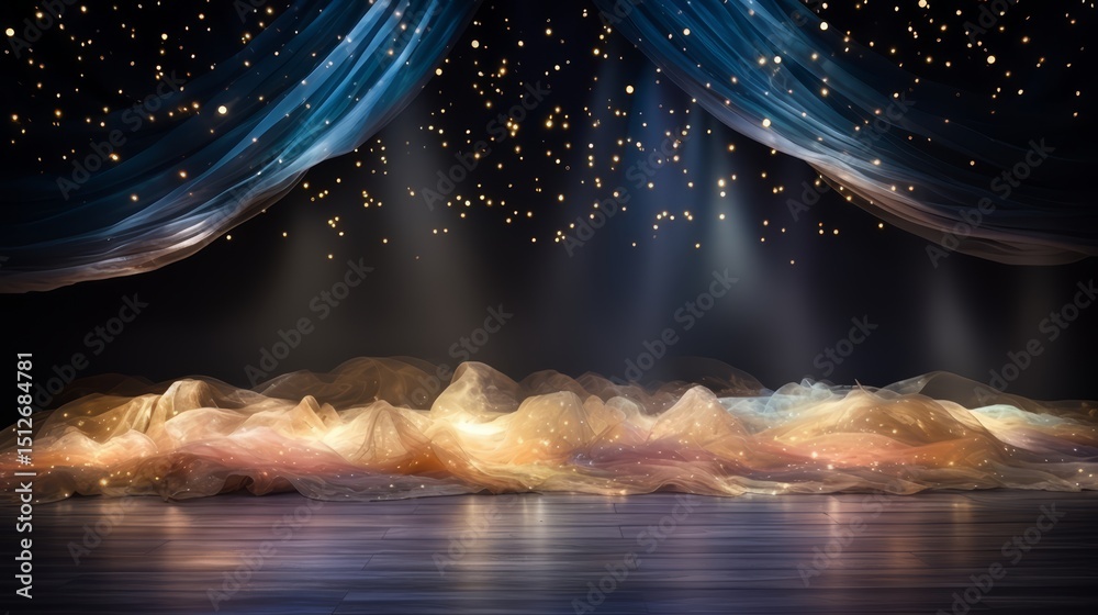 Poster stage with a blue curtain and a starry sky. the curtain is open and the stage is empty