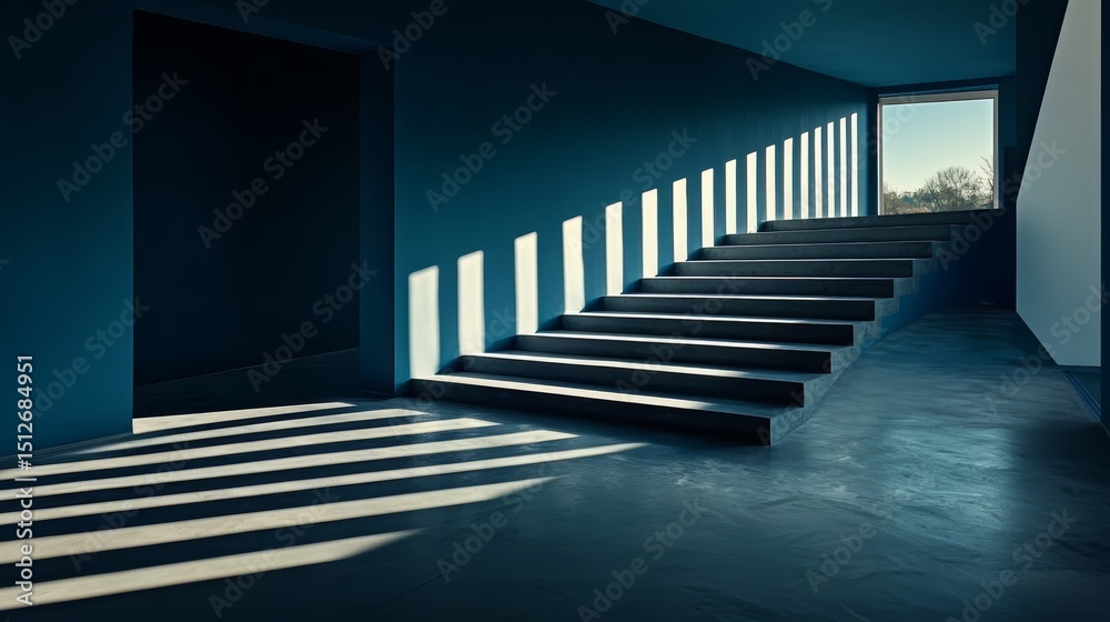 Poster Staircase in a blue room with a window. The room is empty and the staircase is the only thing visible