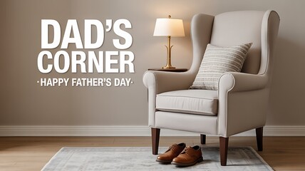 Wingback chair with pillow and shoes on rug near table lamp for father's day celebration