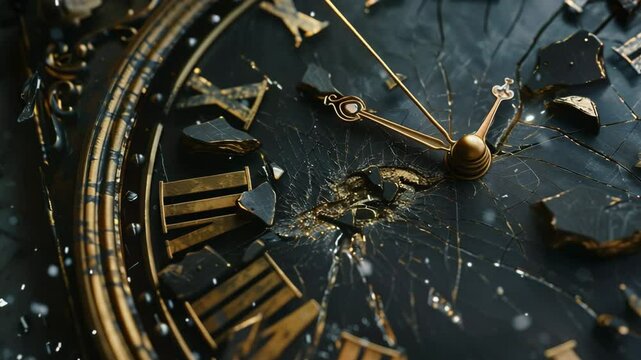 A shattered vintage clock depicting time destruction,  Generative AI Videos. 
