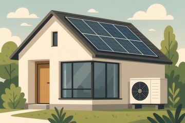 Eco-conscious modern family home featuring rooftop solar panels and an efficient heat pump system, illustrated for sustainable living concepts.