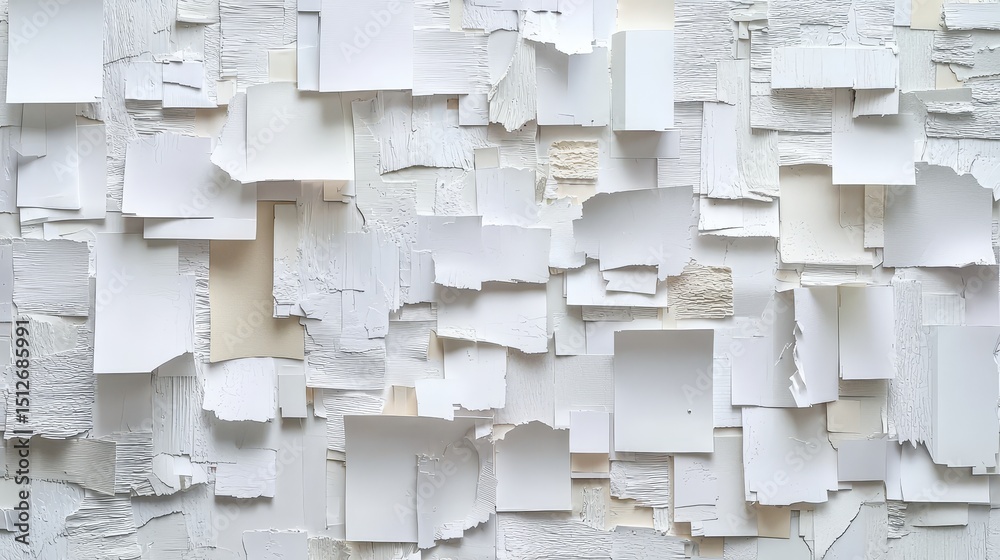 Fototapete The image is a collage of white paper pieces, with some of them cut into squares. Scene is one of chaos and disarray, as the pieces are scattered and overlapping in a seemingly random manner
