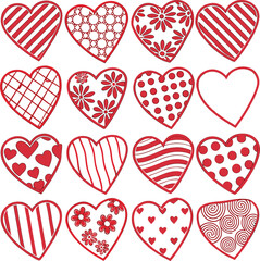 Mosaic of 16 Red Hearts with Fun Textures and Creative Patterns

