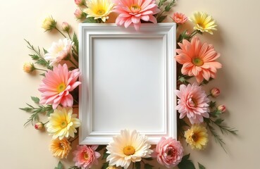 Empty white frame decorated with colorful flowers. Springtime floral arrangement mock-up. Stylish wall poster frame presentation in home interior. Perfect for art, promotion, advertisement photo