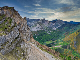 Somiedo valley from El Robezu peak and La Peral village in background, Somiedo Natural Park. Asturias. Spain