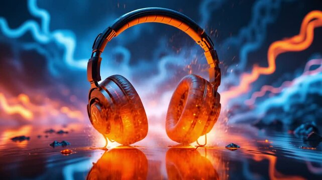 Black headphones with orange and blue lights reflecting on a glossy surface in a studio setting