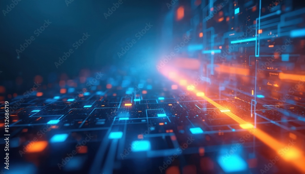 Leinwandbilder Abstract tech background with geometric squares. Vibrant digital design for tech-themed graphics. Modern data visualization for futuristic web elements, network, data flow. Futuristic tech elements.